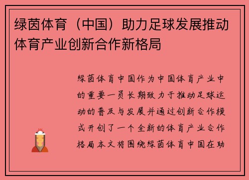 绿茵体育（中国）助力足球发展推动体育产业创新合作新格局