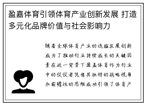 盈嘉体育引领体育产业创新发展 打造多元化品牌价值与社会影响力