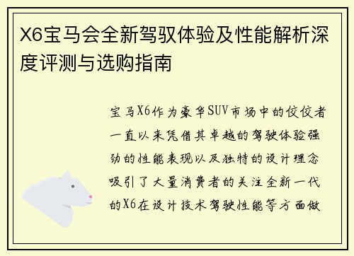 X6宝马会全新驾驭体验及性能解析深度评测与选购指南