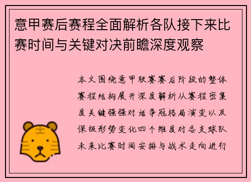 意甲赛后赛程全面解析各队接下来比赛时间与关键对决前瞻深度观察
